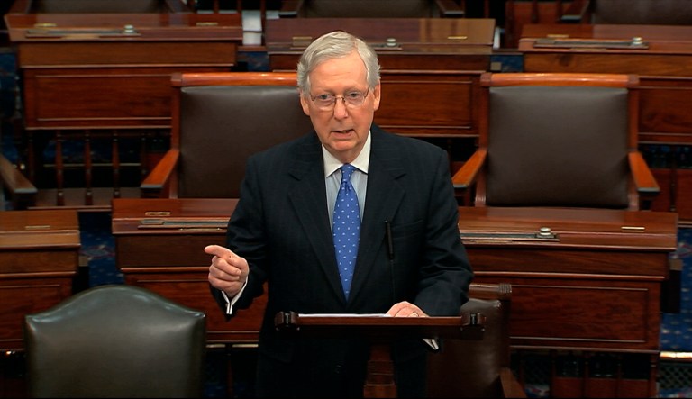 Senate Majority Leader Mitch McConnell of Ky., speaks on the Senate floor, Thursday, Dec. 19, 2019 at the Capitol in Washington.