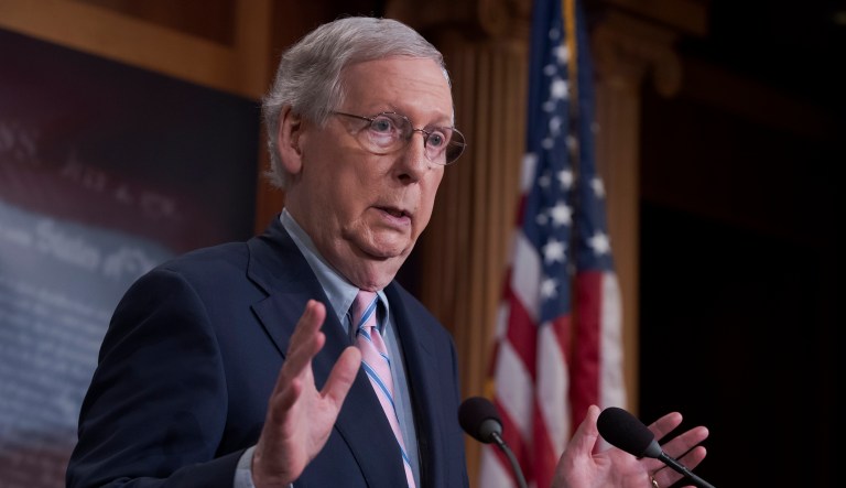 Senate Majority Leader Mitch McConnell, R-Ky., speaks to reporters following the final vote to confirm Supreme Court nominee Brett Kavanaugh, at the Capitol in Washington, Saturday, Oct. 6, 2018.