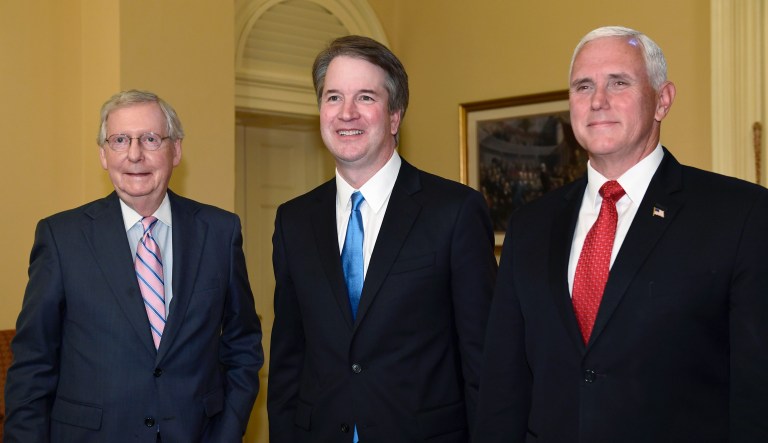 Senate Majority Leader Mitch McConnell of Ky., left, poses for a photo with Supreme Court nominee Brett Kavanaugh, center, and Vice President Mike Pence, right, as they visit Capitol Hill in Washington, Tuesday, July 10, 2018. Kavanaugh is on Capitol Hill to meet with Republican leaders as the battle begins over his nomination to the Supreme Court.