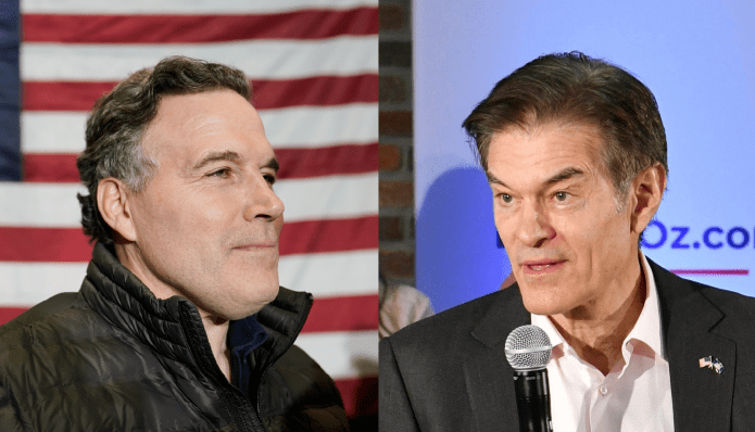 David McCormick (left) and Mehmet Oz (right), two Pennsylvania GOP candidates for Senate, are seen.
