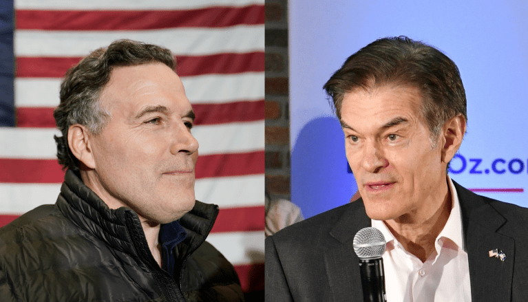 David McCormick (left) and Mehmet Oz (right), two Pennsylvania GOP candidates for Senate, are seen.