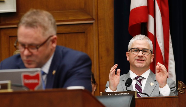 Rep. Patrick McHenry, R-N.C., ranking member of the House Financial Services Committee, speaks during a hearing with leaders of major banks, Wednesday, April 10, 2019, on Capitol Hill in Washington.