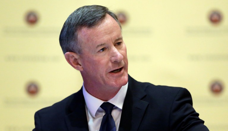 File - In this Aug. 21, 2014, file photo, U.S. Navy Adm. William McRaven, the next chancellor of the University of Texas System, addresses the Texas Board of Regents, in Austin, Texas. Barely a month on the job, retired Adm. McRaven has staked out positions on guns, immigration and tuition rates that put him at odds with the Legislature's new conservative leadership on some of the thorniest issues of the session. 