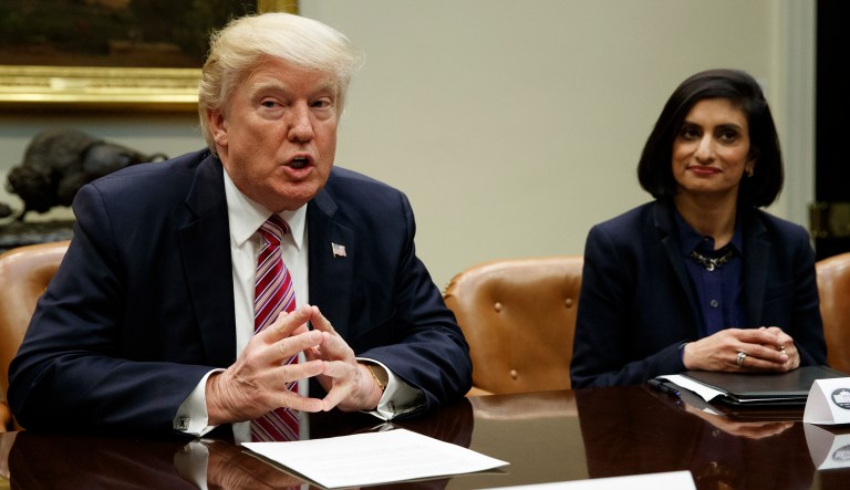 Administrator of the Centers for Medicare and Medicaid Services Seema Verma listens at right as President Donald Trump speaks during a meeting on women in healthcare, Wednesday, March 22, 2017, in the Roosevelt Room of the White House in Washington.