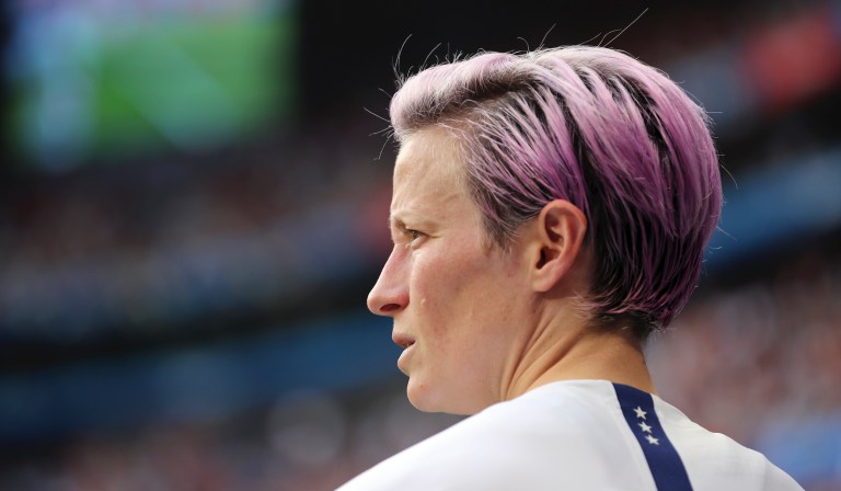 United States' Megan Rapinoe looks on during the Women's World Cup final soccer match between US and The Netherlands at the Stade de Lyon in Decines, outside Lyon, France, Sunday, July 7, 2019. 