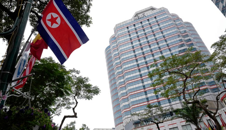A North Korea national flag is displayed in front of the Melia Hotel in Hanoi, Vietnam, Monday, Feb. 25, 2019 ahead of the second summit between U.S President Donald Trump and North Korean leader Kim Jong Un.