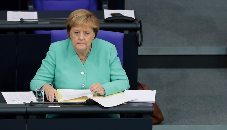 German Chancellor Angela Merkel attends a meeting of the German federal parliament, Bundestag, at the Reichstag building in Berlin, Germany, Thursday, Sept. 26, 2019.