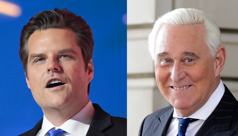 From left to right: Rep. Matt Gaetz (R-FL) and Roger Stone.
