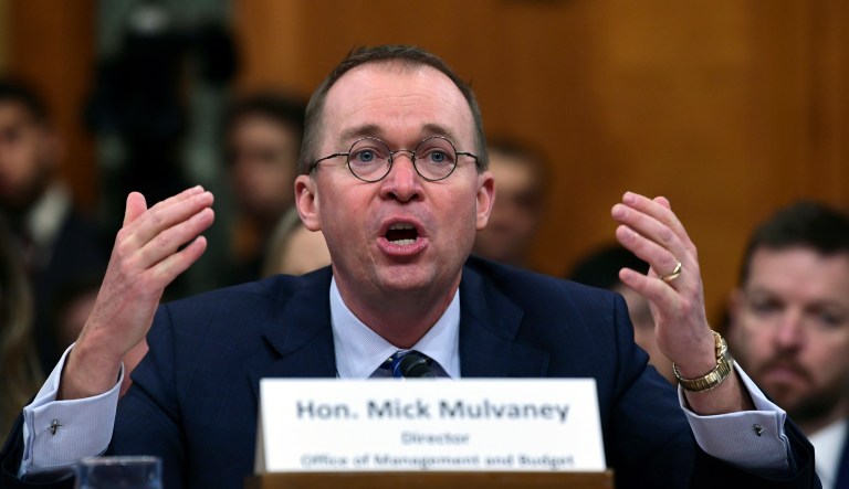 Budget Director Mick Mulvaney testifies before the Senate Budget Committee on Capitol Hill in Washington, Tuesday, Feb. 13, 2018, on President Donald Trump's fiscal year 2019 budget proposal.