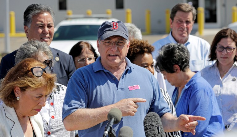 In this Saturday, June 23, 2018, photo, U.S. Rep. Mike Capuano, D-Mass., speaks after touring the U.S. Border Patrol Central Processing Center in McAllen, Texas. Capuano was part of a Congressional delegation visiting sites along the U.S.-Mexico border.