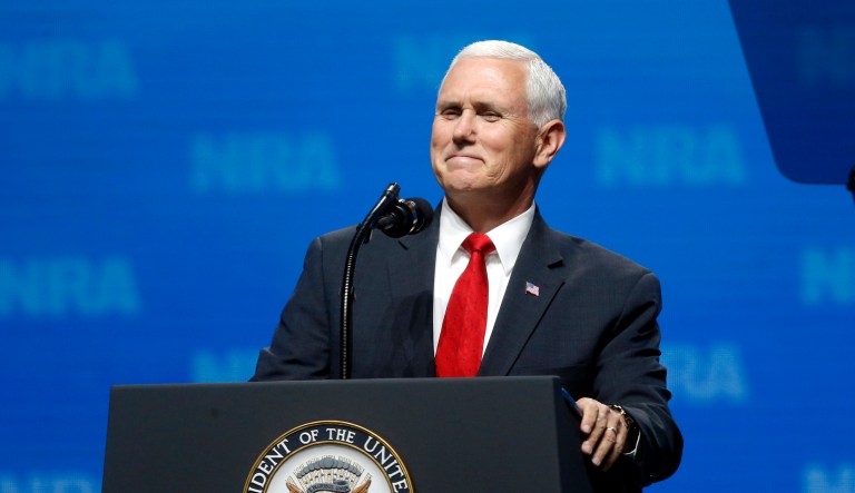 Vice President Mike Pence smiles as he speaks at the National Rifle Association Leadership Forum in Dallas, Friday, May 4, 2018.