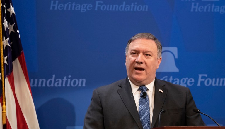 Secretary of State Mike Pompeo speaks at the Heritage Foundation, a conservative public policy think tank, in Washington, Monday, May 21, 2018. Pompeo issued a steep list of demands Monday that he said should be included in a nuclear treaty with Iran to replace the Obama-era deal, threatening "the strongest sanctions in history" if Iran doesn't change course.