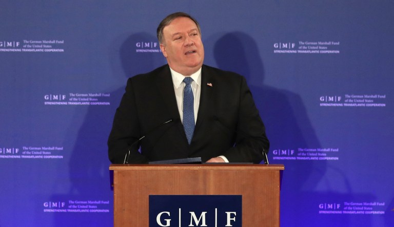 U.S. Secretary of State Mike Pompeo speaks during an event at the Concert Noble in Brussels, Tuesday, Dec. 4, 2018. U.S. Secretary of State Mike Pompeo is in Brussels to attend a two-day meeting of NATO foreign ministers.