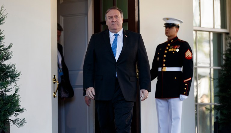 Secretary of State Mike Pompeo arrives to speak with reporters about the murder of journalist Jamal Khashoggi, after meeting with President Donald Trump in the Oval Office of the White House, Thursday, Oct. 18, 2018, in Washington.