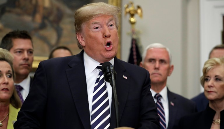 President Donald Trump speaks during a signing ceremony for the "Economic Growth, Regulatory Relief, and Consumer Protection Act," in the Roosevelt Room of the White House, Thursday, May 24, 2018, in Washington.  In a dramatic diplomatic turn, Trump on Thursday canceled next month's summit with North Korea's Kim Jong Un, citing the "tremendous anger and open hostility" in a recent statement by the North.