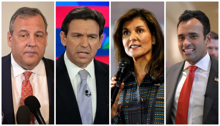 Former New Jersey Gov. Chris Christie, Gov. Ron DeSantis (R-FL), former South Carolina Gov. Nikki Haley, and entrepreneur Vivek Ramaswamy. All are 2024 Republican presidential candidates.