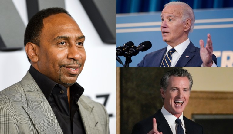 Sports journalist Stephen A. Smith, left, President Joe Biden, upper right, and California Gov. Gavin Newsom, bottom right.