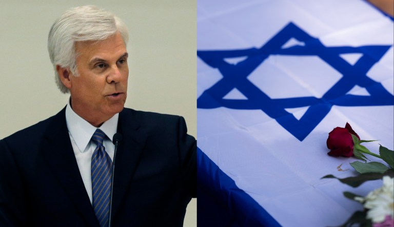 Political power broker George Norcross, left, and an Israeli flag, right.