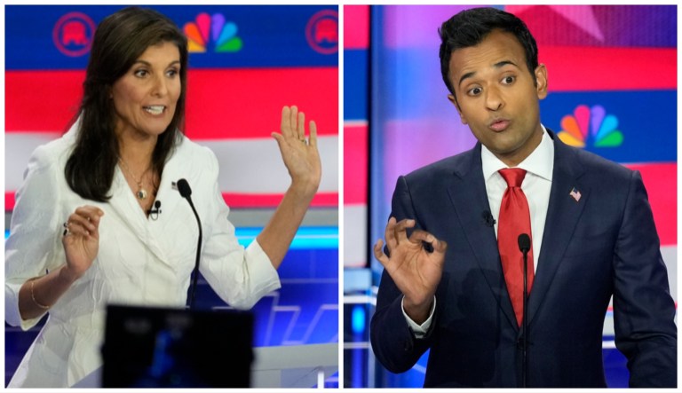 Nikki Haley and Vivek Ramaswamy at the third GOP debate in Miami, Fl