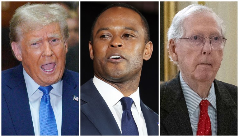 Former President Donald Trump, Kentucky Attorney General Daniel Cameron, and Sen. Mitch McConnell (R-KY).