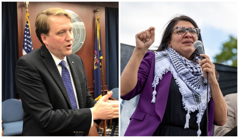 Left: Michigan state Republican Senate Minority Leader Aric Nesbett; Right: Rep. Rashida Tlaib (D-MI)