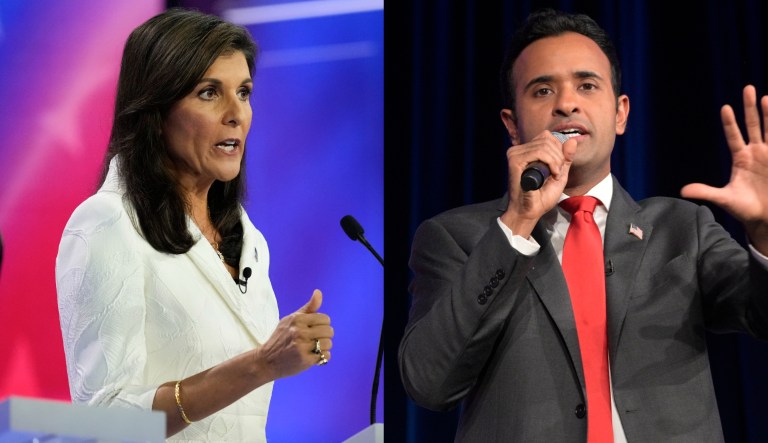 2024 presidential candidates Nikki Haley, left, and Vivek Ramaswamy, right.