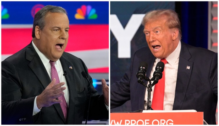 Former Republican New Jersey Gov. Chris Christie and former President Donald Trump. Both are 2024 Republican presidential candidates.