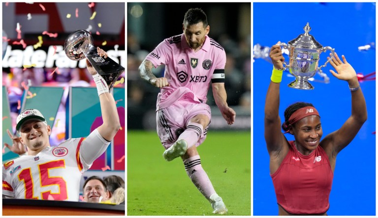 Kansas City Chiefs quarterback Patrick Mahomes, Inter Miami forward Lionel Messi, and American tennis player Coco Gauff.