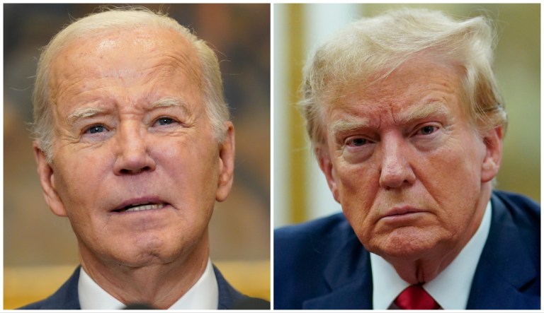 President Joe Biden speaking at the White House on Dec. 6, 2023, and former President Donald Trump at ther New York Supreme Court in New York City on Dec. 7, 2023.