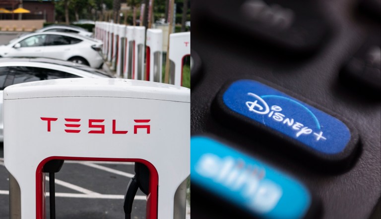 A Tesla charging station, left, and a remote control with a Disney+ button, right.