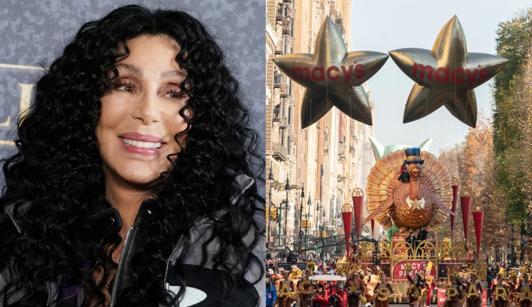 Musician Cher, left, and a float from the Macy's Thanksgiving Day Parade, right.