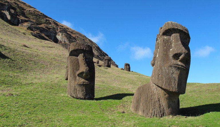 This August 2012 photo shows heads at Rano Raraku, the quarry on Easter Island. The sculptures have bodies attached, but they are buried under the dirt and not visible. About 400 moai are here in various stages of carving.
