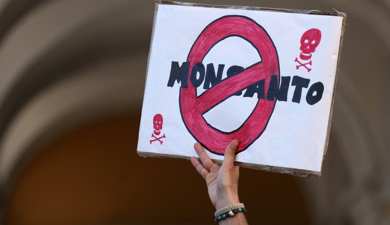 A demonstrator holds a poster during a World March Against Monsanto event in Lisbon Saturday, May 23, 2015. Marches and rallies against Monsanto, a sustainable agriculture company and genetically modified organisms (GMO) food and seeds were held in dozens of countries in a global campaign highlighting the dangers of GMO Food.