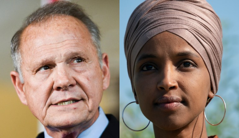 Pictured are Roy Moore, left, and Ilhan Omar, right.