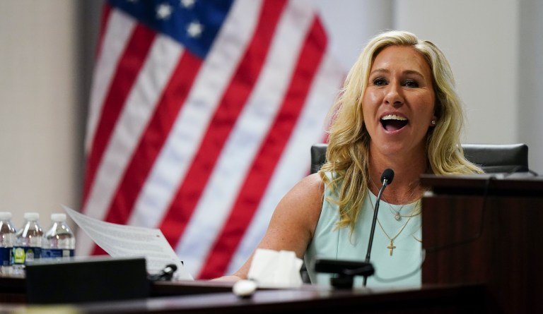 U.S. Rep. Marjorie Taylor Greene speaks, Friday, April 22, 2022, in Atlanta. Greene is appearing at a hearing Friday in Atlanta in a challenge filed by voters who say she shouldn't be allowed to seek reelection because she helped facilitate the attack on the Capitol that disrupted certification of Joe Bidenâs presidential victory.