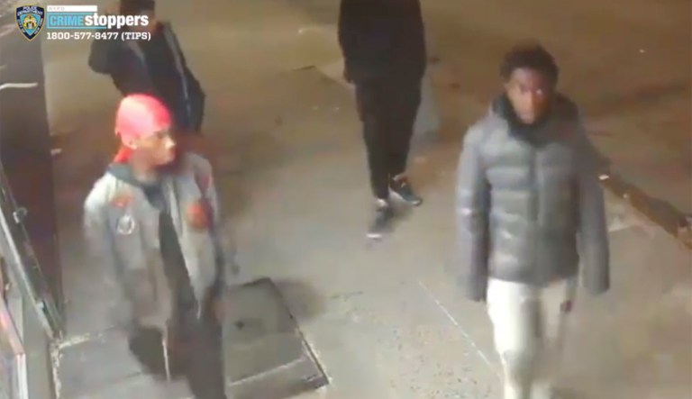 This still image taken from surveillance video provided by NYPD shows suspects in connection to a mugging of a 60-year-old man on Tuesday, Dec. 24, 2019 in the the Morrisania neighborhood of the Bronx in New York. Juan Fresnada died Friday, Dec. 27,  at the Bronx hospital where he was taken in critical condition after the mugging early Tuesday, the New York Police Department said. Officers have released surveillance photos and videos in hopes of pinpointing suspects.