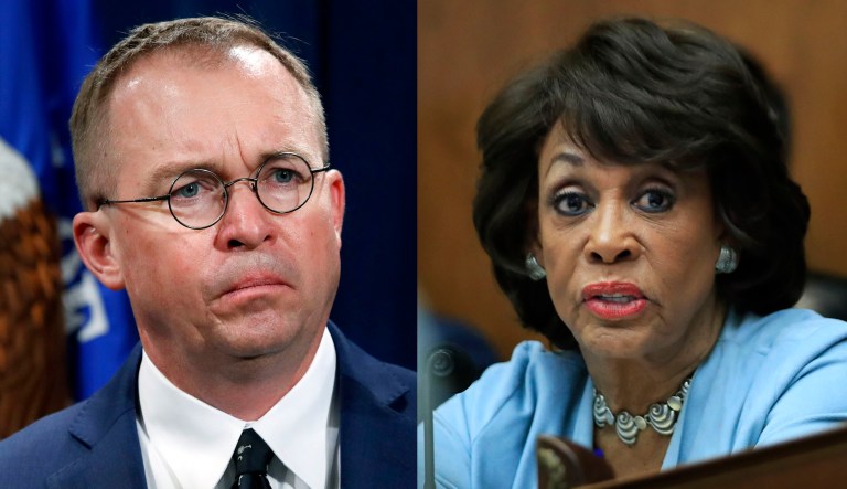 Mick Mulvaney and Rep. Maxine Waters are pictured.