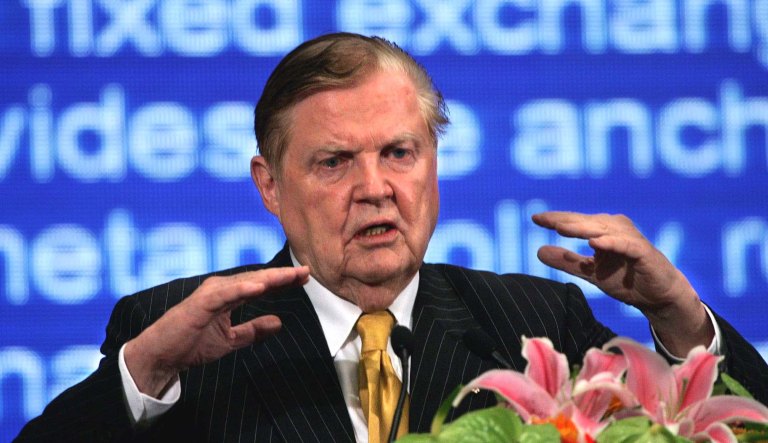 Nobel prize laureate Robert A. Mundell of Canada argues against a revaluation of the Chinese Renminbi (RMB) during a speech for the Nobel Laureates Beijing Forum 2005 at the Great Hall of the People in Beijing, China, Monday, May 30, 2005. 12 Nobel prize economic laureates will talk about issues ranging from the currency, longevity, politics and economic growth during the three-day event.