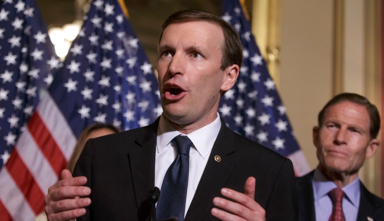 FILE - In this June 16, 2016 file photo, Sen. Chris Murphy, D-Conn., left, accompanied by Sen. Richard Blumenthal, D-Conn., speaks on Capitol Hill in Washington. Democrats get their long-sought votes on gun control a week after the massacre in Orlando, Florida, but the prospects for any election-year changes in the nationâs laws are dim. The four votes on Monday, June 20, 2016, are the result of a deal after Murphy filibustered for almost 15 hours in response to the Orlando shooting.