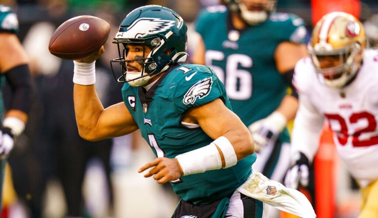 Philadelphia Eagles quarterback Jalen Hurts (1) in action during the NFC Championship NFL football game against the San Francisco 49ers, Sunday, Jan. 29, 2023, in Philadelphia. 