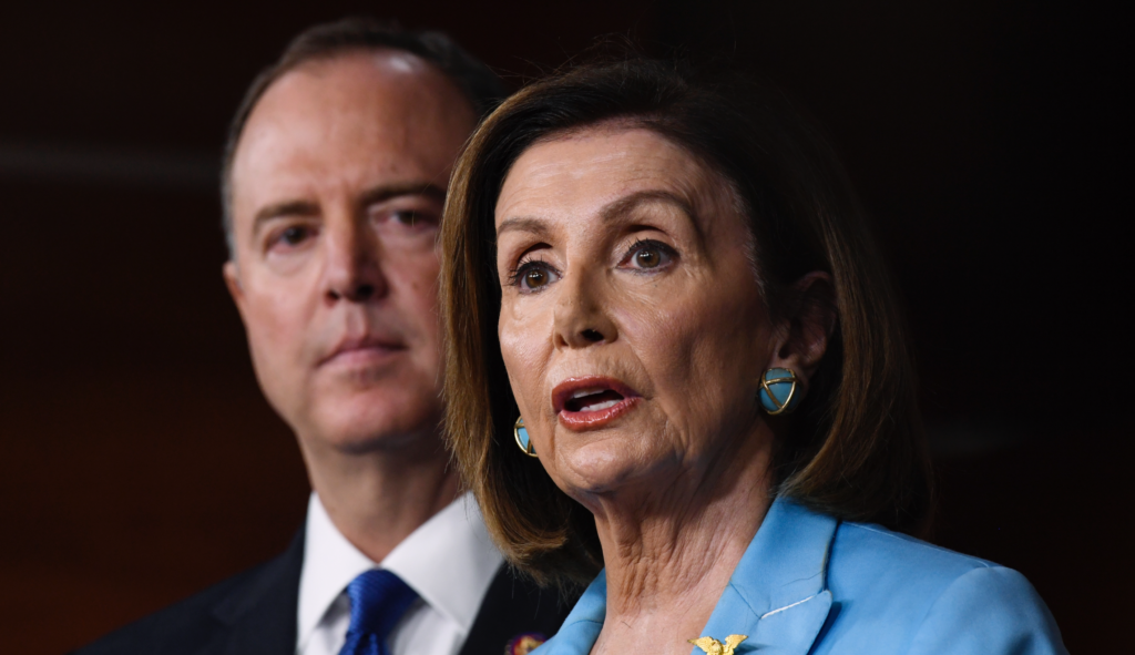 House Speaker Nancy Pelosi of Calif., joined by House Intelligence Committee Chairman Rep. Adam Schiff, D-Calif., speaks during a news conference on Capitol Hill in Washington, Wednesday, Oct. 2, 2019 (AP Photo/Susan Walsh)