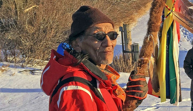 This Feb.  2018 photo shows Nathan Phillips near Mandan, N.D.  Phillips was a protester at the Oceti Sakowin camp.