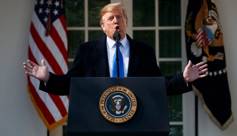 President Donald Trump speaks during an event in the Rose Garden at the White House to declare a national emergency in order to build a wall along the southern border, Friday, Feb. 15, 2019, in Washington. 