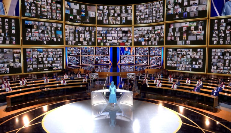 Maryam Rajavi, leader of the NCRI, addresses thousands of virtual attendees Friday at the group's "Free Iran Global Summit."