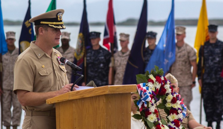 Capt. John R. Nettleton, commanding officer of Naval Station Guantanamo Bay, Cuba, delivers remarks during a Battle of Midway commemoration ceremony. The Battle of Midway was a pivotal battle of World War II and took place June 4-7, 1942.