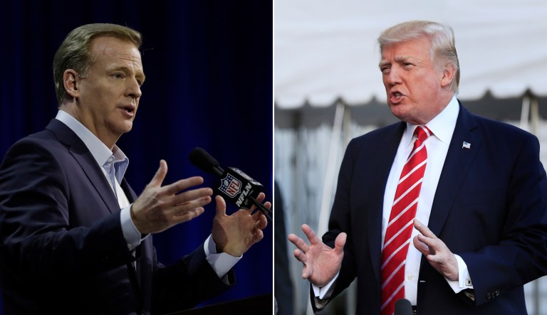 FILE - At left, in a Feb. 1, 2017, file photo, NFL Commissioner Roger Goodell answers questions during a news conference for the Super Bowl 51 football game, in Houston. At right, in an Oct. 7, 2017, file photo, President Donald Trump speaks to reporters at the White House in Washington. President Donald Trump is again criticizing the NFL over players kneeling during the national anthem. Trump said on Twitter Wednesday, Oct. 18, 2017, that the "NFL has decided that it will not force players to stand for the playing of our National Anthem." He adds: "Total disrespect for our great country!"