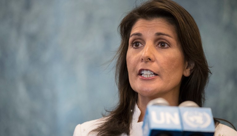 U.S. Ambassador to the United Nations Nikki Haley speaks to reporters at United Nations headquarters, Friday, July 20, 2018.