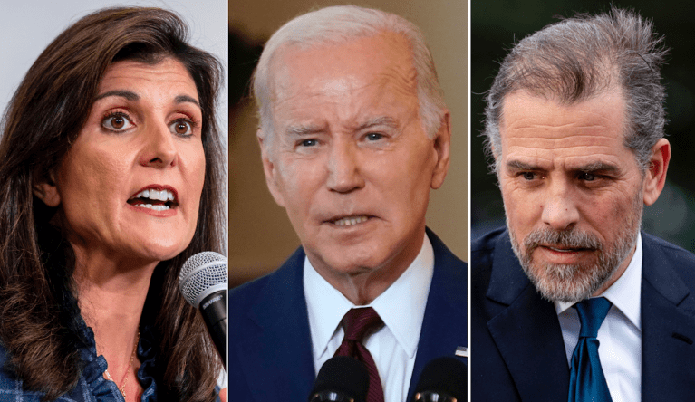 Former U.S. ambassador to the United Nations and Republican South Carolina Gov. Nikki Haley (left), President Joe Biden, and Hunter Biden (right).