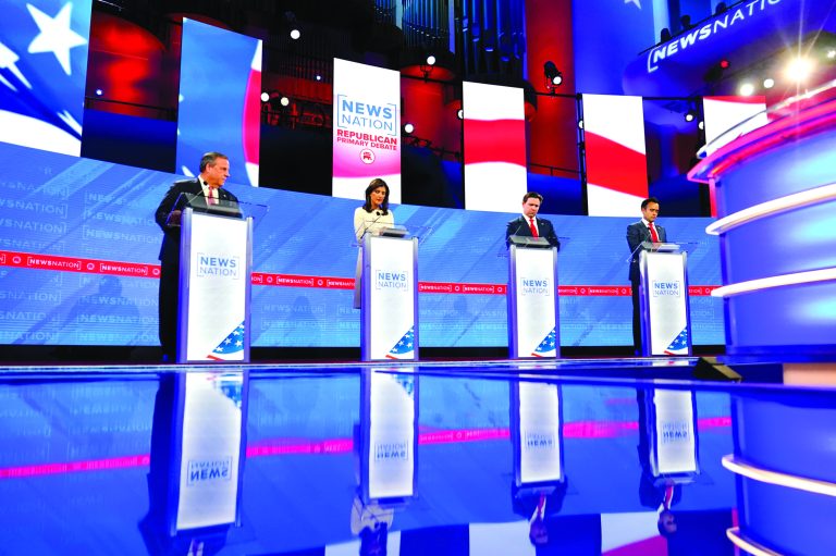 Republican presidential candidates from left, Chris Christie, Nikki Haley, Ron DeSantis, and Vivek Ramaswamy, take part in a debate on Dec. 6 in Tuscaloosa, Alabama.