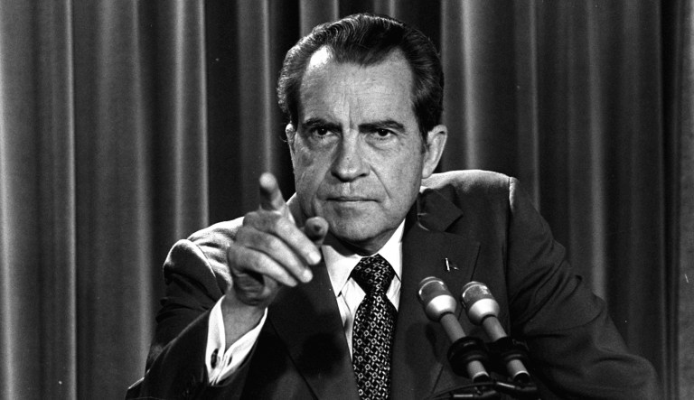 President Richard Nixon tells a White House news conference, March 15, 1973, that he will not allow his legal counsel, John Dean, to testify on Capitol Hill in the Watergate investigation and challenges the Senate to test him in the Supreme Court.